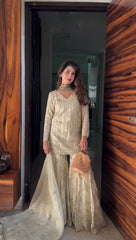 Trendy Cream Georgette Sequence Work Sharara Suit