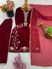 Wonderful Maroon Velvet Sequence Work Palazzo Suit