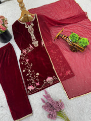 Wonderful Maroon Velvet Sequence Work Palazzo Suit