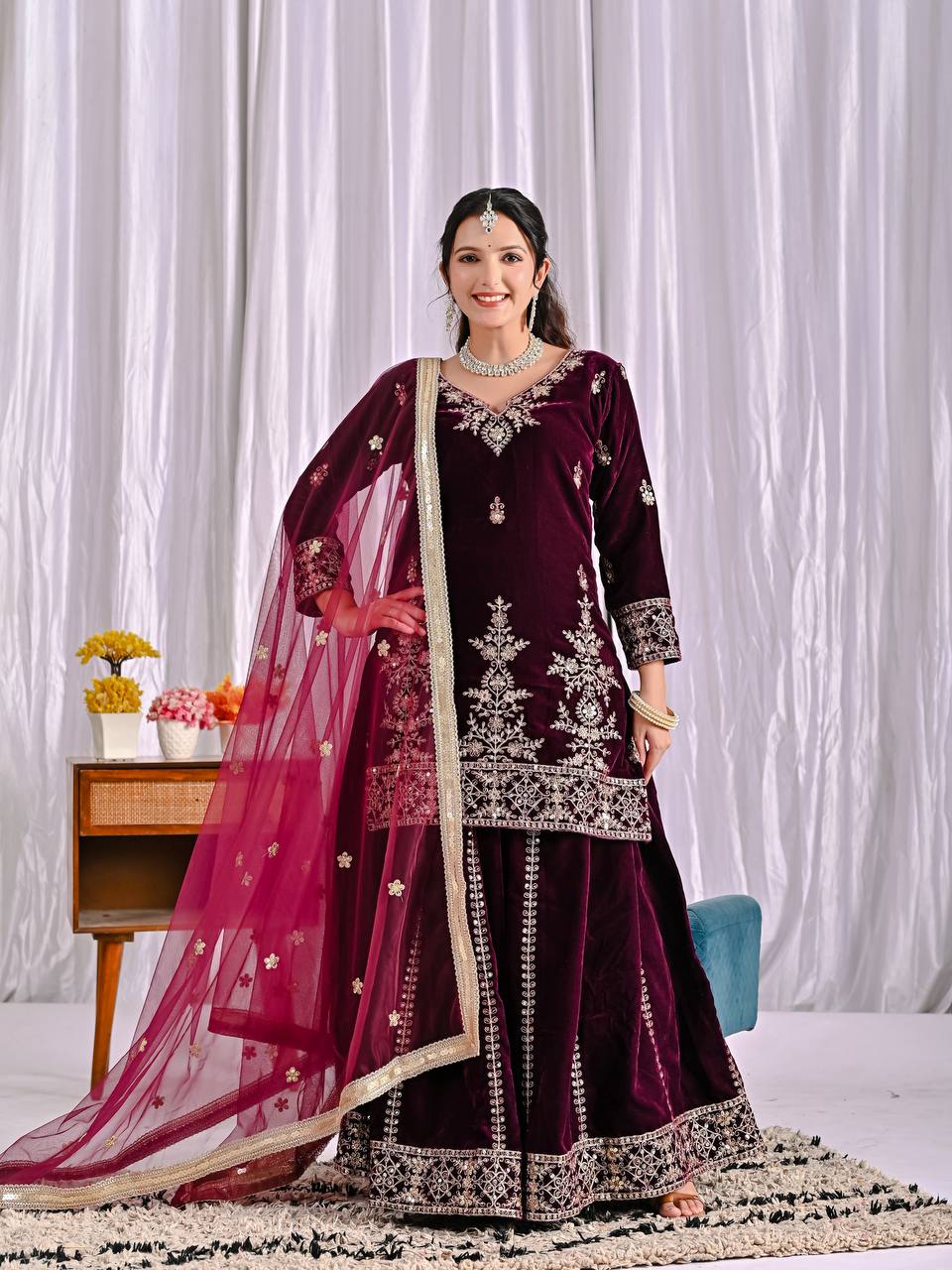 Pretty Maroon Velvet Sequence Work Sharara Suit