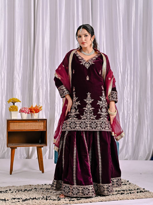 Pretty Maroon Velvet Sequence Work Sharara Suit