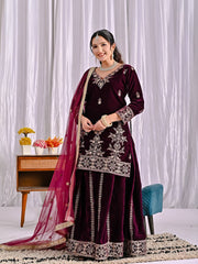 Pretty Maroon Velvet Sequence Work Sharara Suit