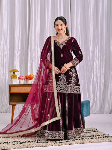 Pretty Maroon Velvet Sequence Work Sharara Suit