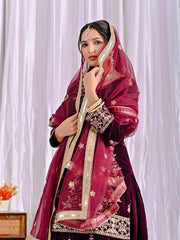 Pretty Maroon Velvet Sequence Work Sharara Suit