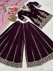 Pretty Maroon Velvet Sequence Work Sharara Suit