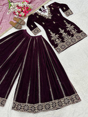 Pretty Maroon Velvet Sequence Work Sharara Suit