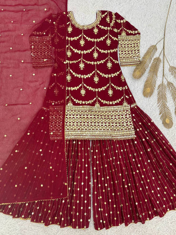 Pretty Maroon Georgette Sequence Work Sharara Suit