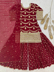 Pretty Maroon Georgette Sequence Work Sharara Suit
