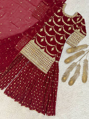 Pretty Maroon Georgette Sequence Work Sharara Suit