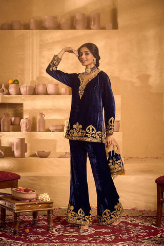 Stylish Blue Velvet with Embroidery Work Palazzo Suit