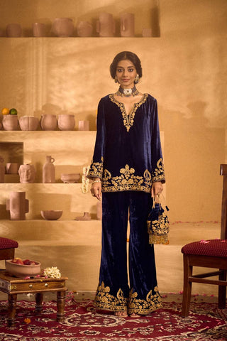 Stylish Blue Velvet with Embroidery Work Palazzo Suit
