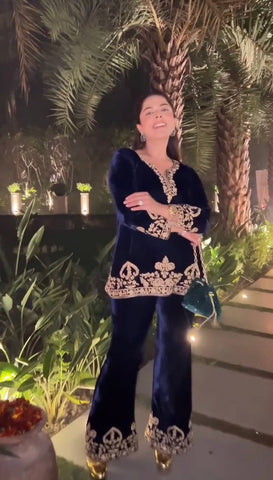 Stylish Blue Velvet with Embroidery Work Palazzo Suit