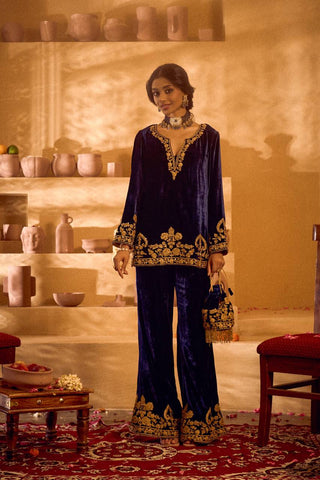 Stylish Blue Velvet with Embroidery Work Palazzo Suit