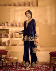 Stylish Blue Velvet with Embroidery Work Palazzo Suit