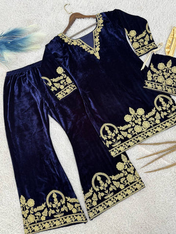 Stylish Blue Velvet with Embroidery Work Palazzo Suit