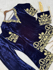 Stylish Blue Velvet with Embroidery Work Palazzo Suit