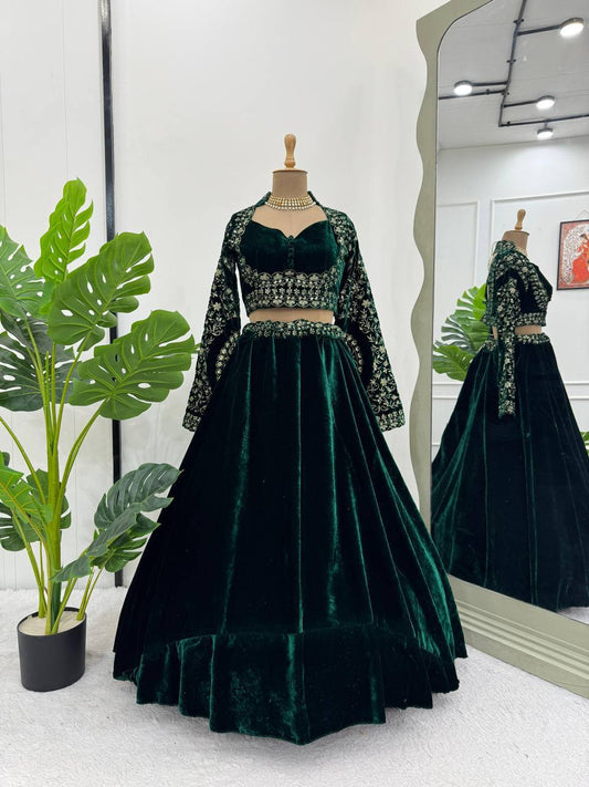 Trendy Green Velvet With Sequence Work Lehenga Choli