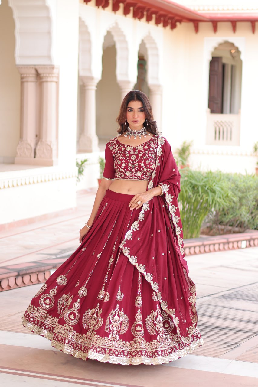 Admiring Maroon Vichitra Silk Thread Work Lehenga Choli