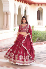 Admiring Maroon Vichitra Silk Thread Work Lehenga Choli