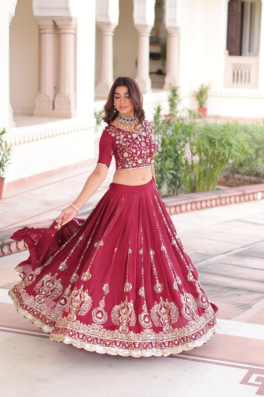 Admiring Maroon Vichitra Silk Thread Work Lehenga Choli