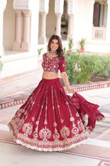 Admiring Maroon Vichitra Silk Thread Work Lehenga Choli
