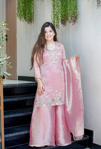 Innovative Pink Silk With Embroidery Work Sharara Suit