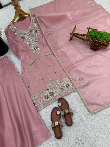 Innovative Pink Silk With Embroidery Work Sharara Suit