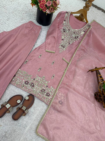 Innovative Pink Silk With Embroidery Work Sharara Suit