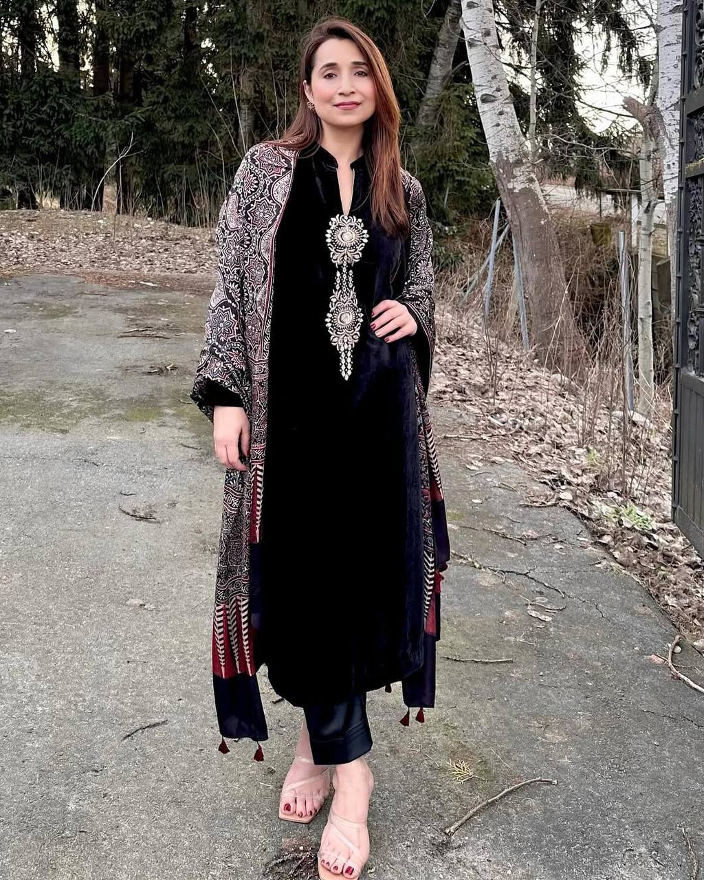 Attractive Black Velvet Sequence Work Palazzo Suit