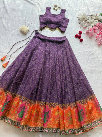 Exclusive Purple Organza Digital Printed Lehenga