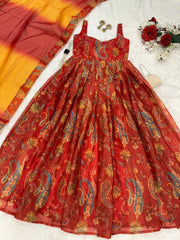 Lovely Red Organza Digital Printed Anarkali Gown