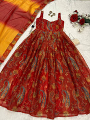 Lovely Red Organza Digital Printed Anarkali Gown