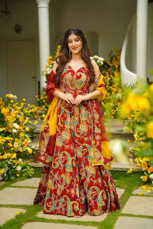 Lovely Red Organza Digital Printed Anarkali Gown