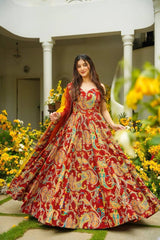 Lovely Red Organza Digital Printed Anarkali Gown