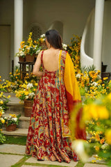 Lovely Red Organza Digital Printed Anarkali Gown