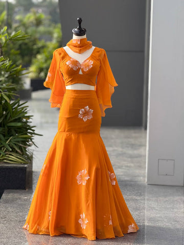 Lovely Orange Georgette Handpaint Lehenga Choli