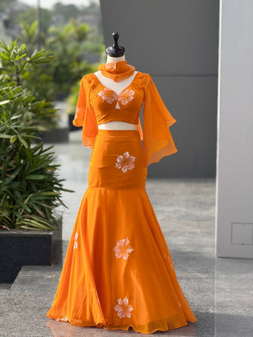 Lovely Orange Georgette Handpaint Lehenga Choli