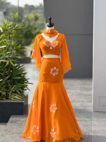 Lovely Orange Georgette Handpaint Lehenga Choli