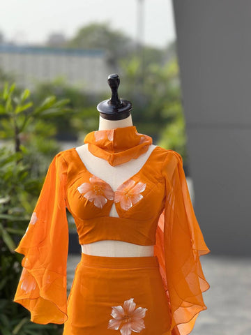 Lovely Orange Georgette Handpaint Lehenga Choli