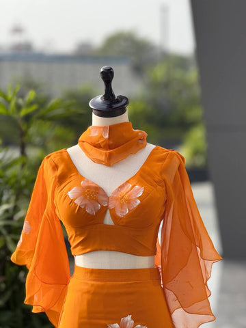 Lovely Orange Georgette Handpaint Lehenga Choli