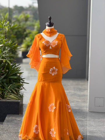 Lovely Orange Georgette Handpaint Lehenga Choli