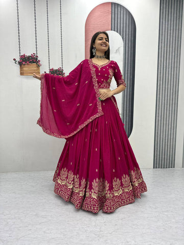 Admiring Pink Chinon Embroidery Work Lehenga Choli