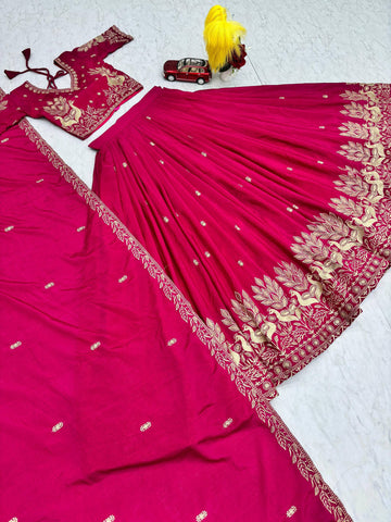 Admiring Pink Chinon Embroidery Work Lehenga Choli