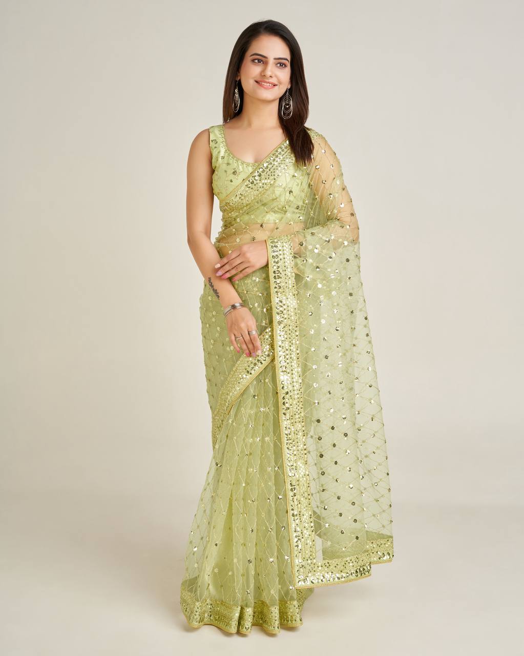 Daisy Green Net with Sequins Work Saree