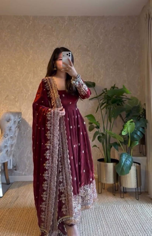 Stylish Maroon Georgette Embroidery Work Gown