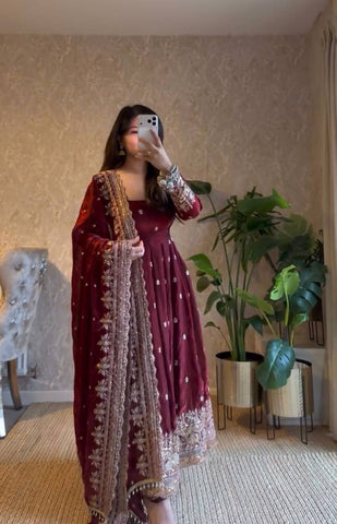 Stylish Maroon Georgette Embroidery Work Gown