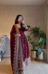 Stylish Maroon Georgette Embroidery Work Gown