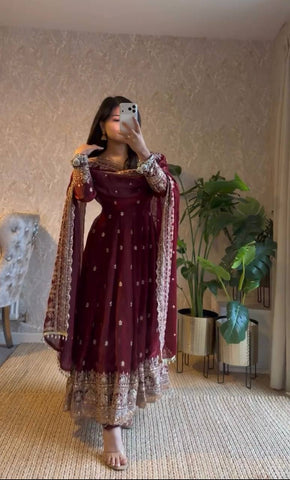 Stylish Maroon Georgette Embroidery Work Gown