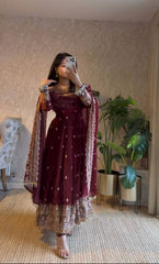 Stylish Maroon Georgette Embroidery Work Gown