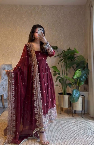 Stylish Maroon Georgette Embroidery Work Gown